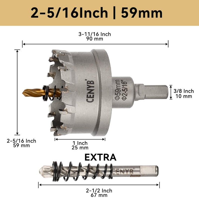 cenyb 2-5/16" (59mm) Tungsten Carbide Tipped Hole Saw with 2Pcs Titanium-Plated Pilot Drill Bits for Hard Metal,Stainless Steel,Iron,Aluminum Alloy,Wood and Plastic - Image 2